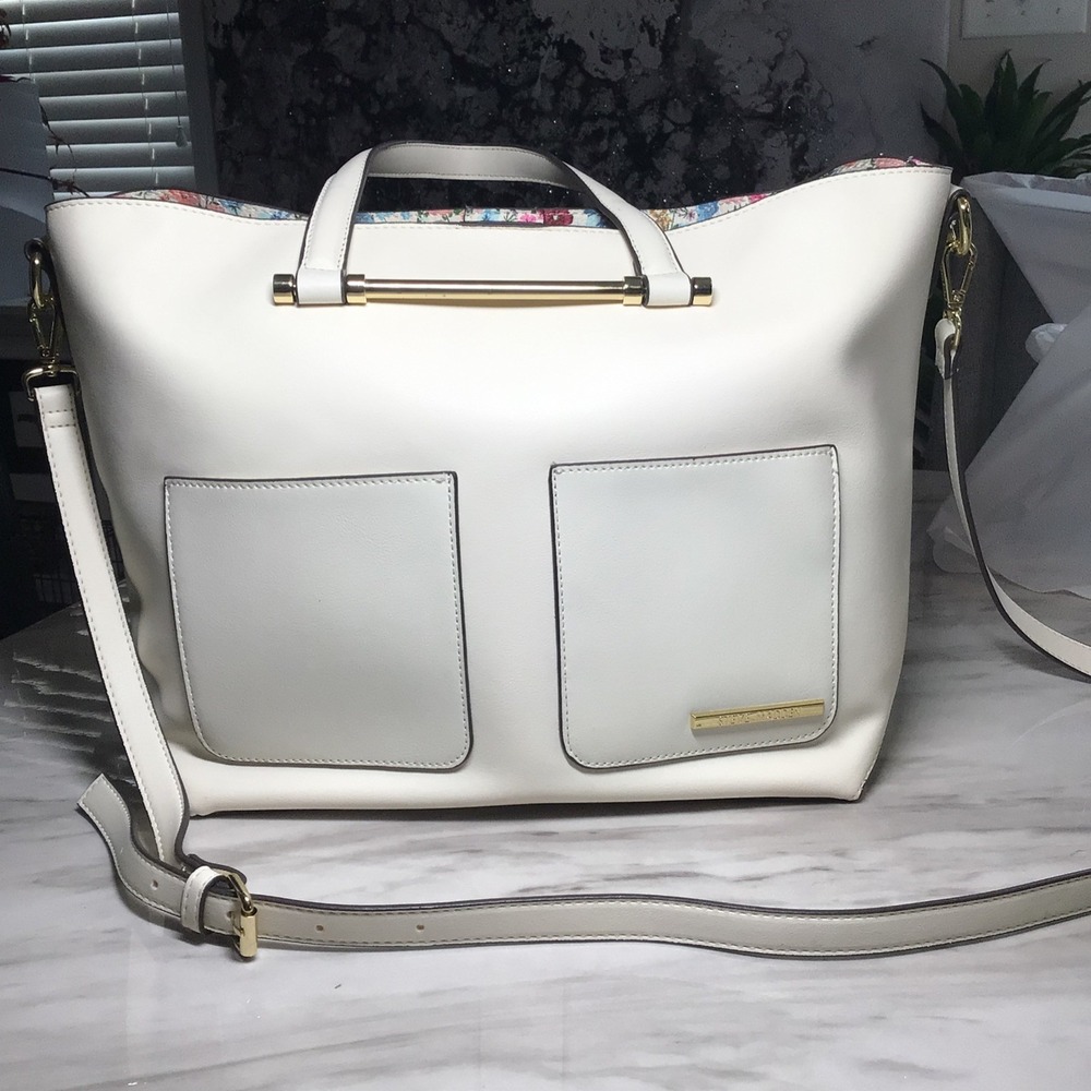 Steve Madden Cream Satchel Handbag Convertible Crossbody with Floral interior - Picture 3 of 16
